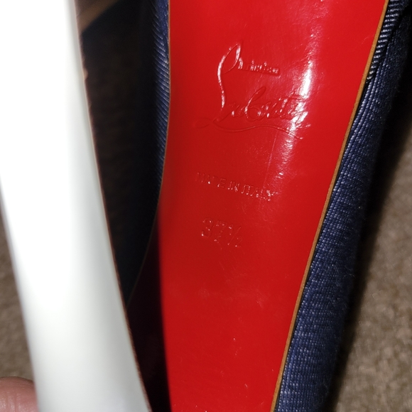 Christian Lou Boutin Peep Toe Denim Heels - Picture 6 of 8